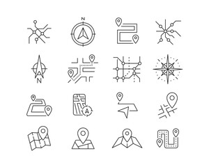 Maps and Navigation Icon collection containing 16 editable stroke icons. Perfect for logos, stats and infographics. Edit the thickness of the line in Adobe Illustrator (or any vector capable app).