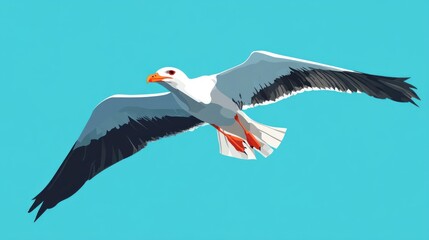 A stylized seagull in flight against a light teal sky