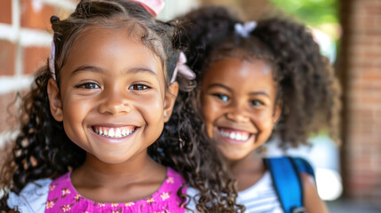 Two Happy Young Girls with Curly Hair Smiling in Bright Clothing in a School Setting with a Colorful Background