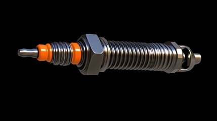 Close-up of a metallic engine component with orange accents