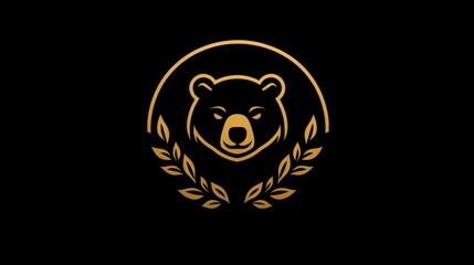 Black bear head, golden laurel wreath, dark background
