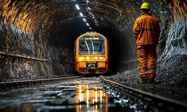 Worker and train in underground tunnel