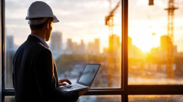 Visionary Engineer: An architect stands at a panoramic window, surveying a cityscape while holding a laptop. He is embodying the confluence of technology, expertise, and urban planning.