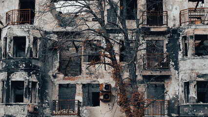 ruined street and destroyed houses the city war in Ukraine