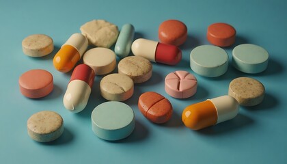 Colorful Pill and Tablet on Light Blue Background