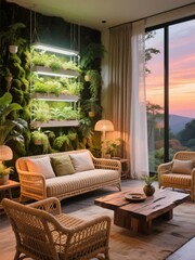 Obraz premium Modern Living Room with Vertical Garden and Sunset View