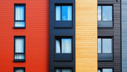 Fototapeta premium Modern apartment building facade with colorful panels and windows