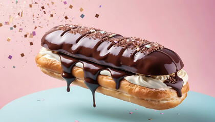 Glossy chocolate éclair with smooth dark chocolate glaze, filled with creamy vanilla custard