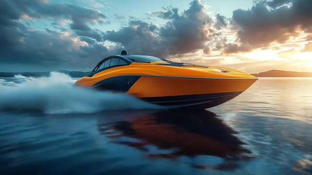 Orange speedboat on water at sunset