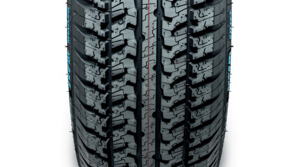 Fototapeta premium Close-up View of a New Car Tire with Unique Tread Pattern and Black Rubber Material for Vehicle Maintenance and Safety