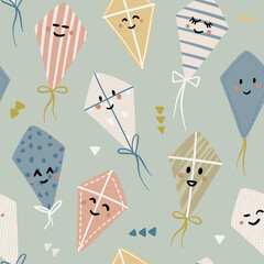 Flying kite seamless pattern, nursery textile design. kids toddlers playful repeat design. Summer leisure outdoor art, muted colors, kawaii faces pale green