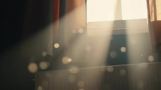 Warm sunlight streams through a window illuminating dust particles, creating a serene and atmospheric indoor scene with curtain details.