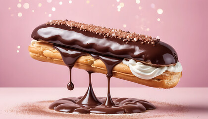  Glossy chocolate éclair with smooth dark chocolate glaze, filled with creamy vanilla custard