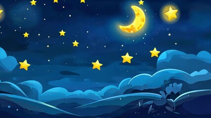 yellow moon shining bright with little stars on the blue night with fluffy clouds illustration
