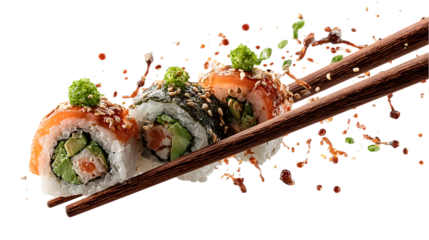 Selection of colorful sushi rolls, held in chopsticks, presented on a wooden plate.  The image shows the variety of ingredients and colors.