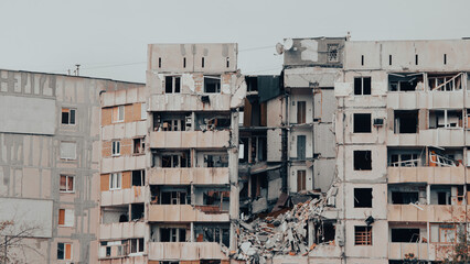 ruined street and destroyed houses the city war in Ukraine