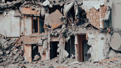 ruined street and destroyed houses the city war in Ukraine