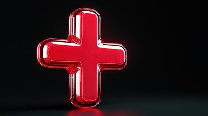 Fototapeta premium A glossy red plus symbol stands out against a dark background, its smooth surface reflecting light and creating a three-dimensional effect with subtle shadows.