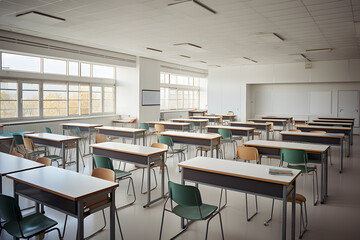 Empty classroom with rows of desks at a community high school.