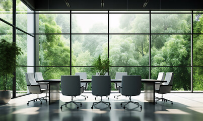 Modern glass conference room with office table and chairs with view to park with green trees.