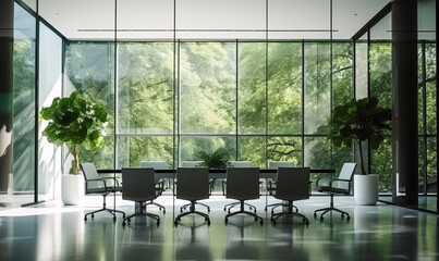 Chairs, table and technology in empty boardroom of corporate office for meeting with view from window to garden.