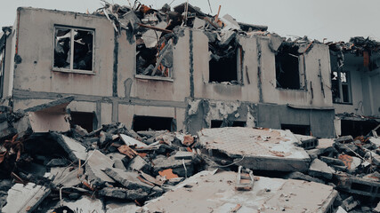 ruined street and destroyed houses the city war in Ukraine
