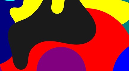 Abstract artwork presents an eye-catching interplay of rounded, amoeba-like forms in a palette of red, yellow, purple, and black, subtly shifting and merging, evoking a sense of organic movement.