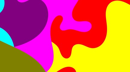 This vivid abstract composition features a harmonious blend of fluid, interconnected shapes in striking hues of purple, yellow, red, and blue, creating an engaging visual flow that draws the eye.