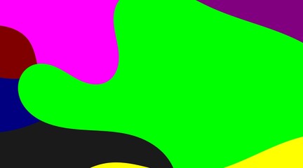 This striking abstract image bursts with contrasting elements, featuring vibrant green, red, yellow, and deep blue organic forms sharply outlined against each other, generating a visually energetic.