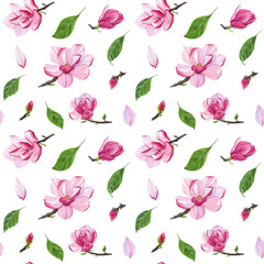 floral seamless pattern with pink magnolias, watercolor illustration for textiles, packaging, clothing, tableware