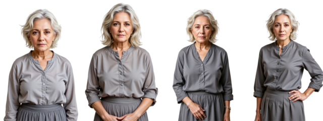 photo realistic full body shot of a georgian elderly woman, white zig zag curls, grey blouse and skirt, relaxed pose, on white background, centered, neutral lighting.