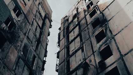 ruined street and destroyed houses the city war in Ukraine