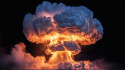 Nuclear Explosion Mushroom Cloud on Black Background, Massive Blast, Atomic Bomb Detonation, Powerful Shockwave, Dark Sky Contrast, High-Impact Explosion, Dramatic Visual, Radiating Fireball, Intense 