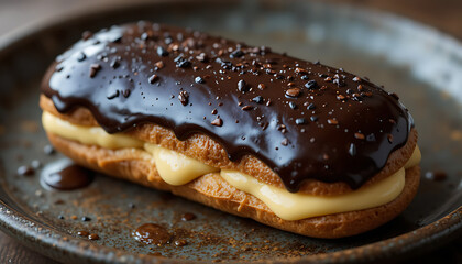  Glossy chocolate éclair with smooth dark chocolate glaze, filled with creamy vanilla custard