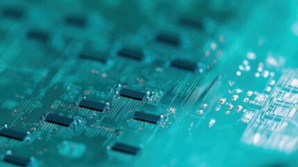 A close-up shot of an advanced electronics motherboard, saturated teal and copper colors, capacitors and fine traces, viewed from a slightly elevated angle, background a blurred cleanroom environment,