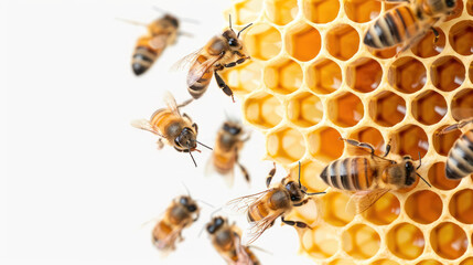 Close-Up of Honey Bees Gathering Nectar and Constructing Honeycomb on Bright Background