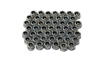 A group of metal nuts isolated on a white background.
