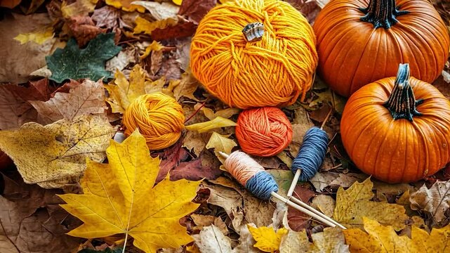 Autumn pumpkins and yarn among fallen leaves