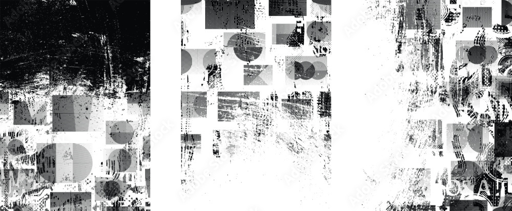 Poster Glitch distorted geometric shape . Noise destroyed logo . Trendy defect error shapes . Glitched frame .Grunge textured . Distressed effect .Vector shapes with a halftone dots screen print texture.