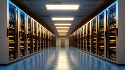 An empty hallway is flanked by rows of server racks emitting warm light in a data center providing computing and storage services for cloud infrastructure.