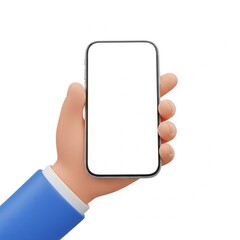 hand holding smart phone with blank screen. 3D illustration, cartoon mockup