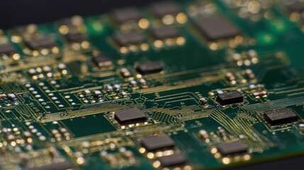Obraz premium A detailed full-focus macro view of a machine control PCB, deep olive green board, high-density soldered tiny transistors, diodes, microcontrollers, and capacitors, precise copper routes, no depth of 