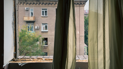ruined street and destroyed houses the city war in Ukraine