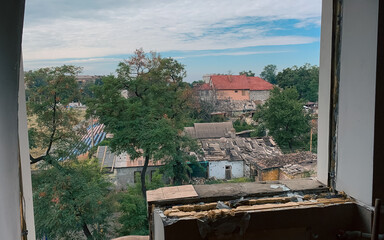 ruined street and destroyed houses the city war in Ukraine