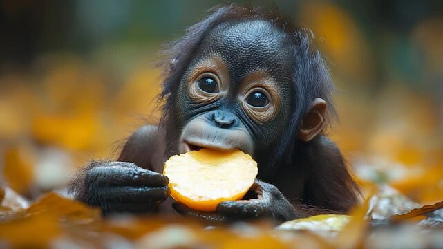 Orangutan infant eating fruit