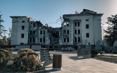 ruined street and destroyed houses the city war in Ukraine