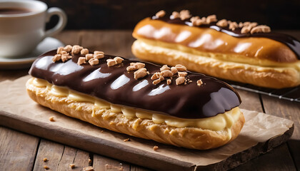  Glossy chocolate éclair with smooth dark chocolate glaze, filled with creamy vanilla custard
