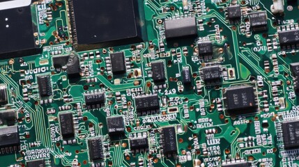 A detailed full-focus macro view of a machine control PCB, deep olive green board, high-density soldered tiny transistors, diodes, microcontrollers, and capacitors, precise copper routes, no depth of 