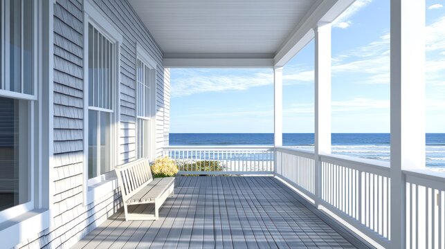 Relaxing seaside porch view with flowers on bench, ocean in the background for sale