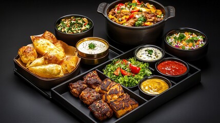 An elegant assortment of diverse dishes on a tray presents an array of culinary delights, including meat, vegetables, sauces, and salads for a delicious feast.